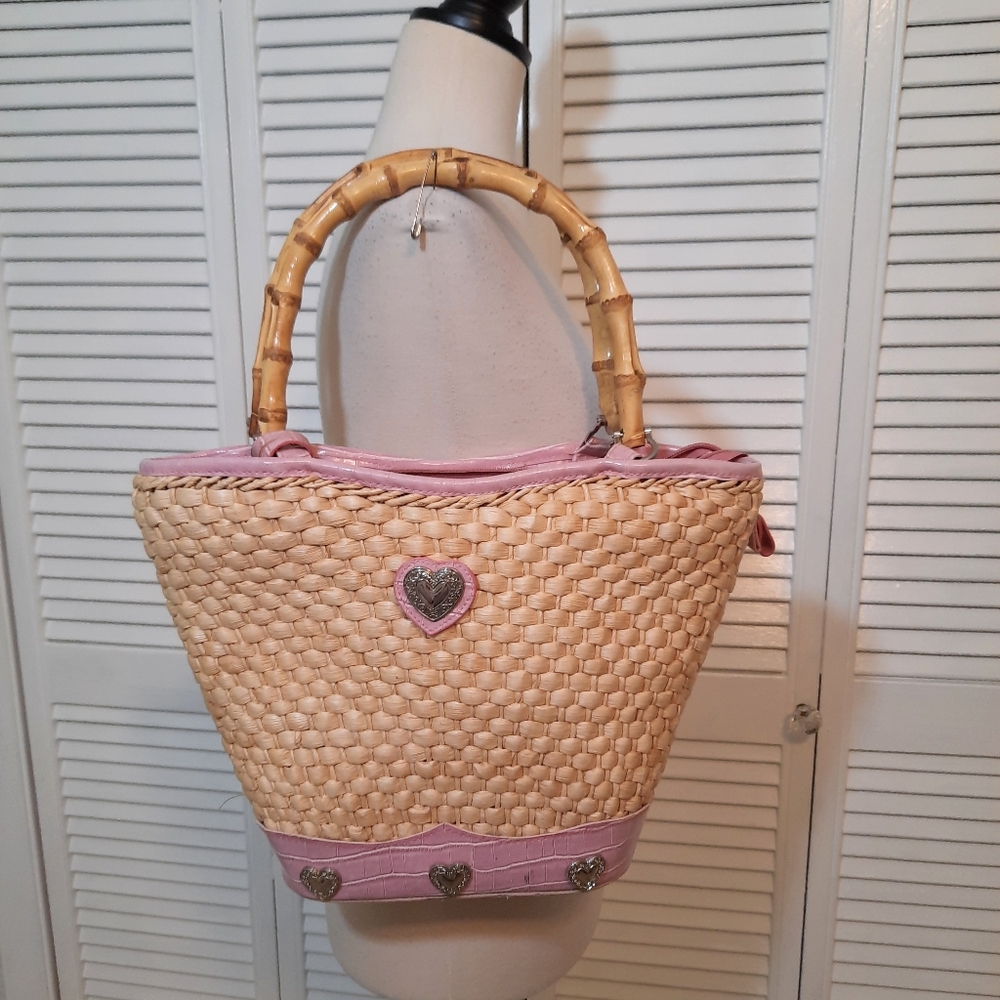 Large straw bamboo heart bucket purse bag